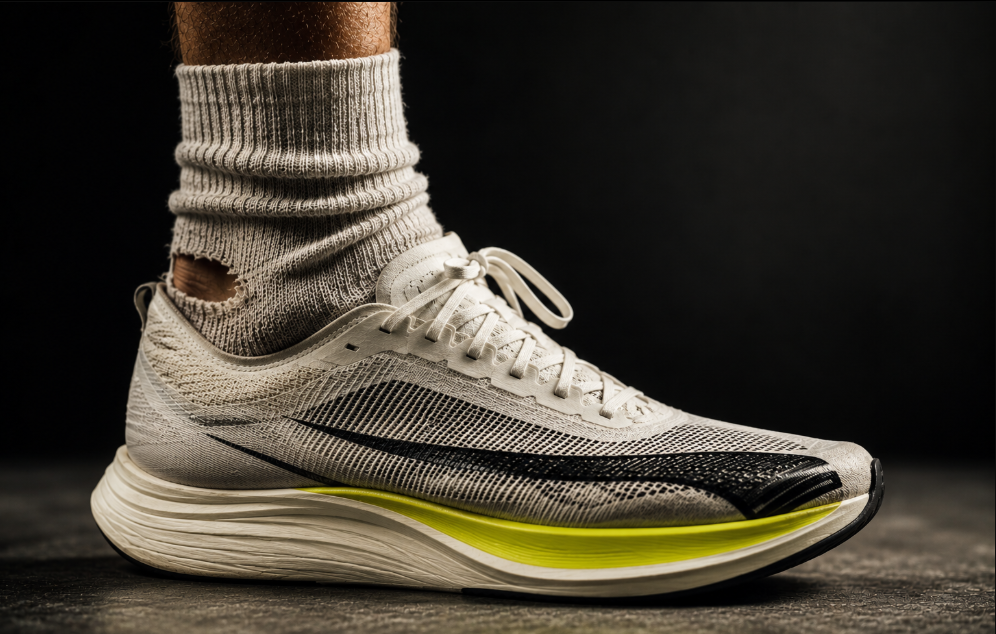 Zapatilla de running de alto rendimiento combinada con un calcetín de algodón desgastado, mostrando por qué un calcetín técnico es clave para correr con comodidad.